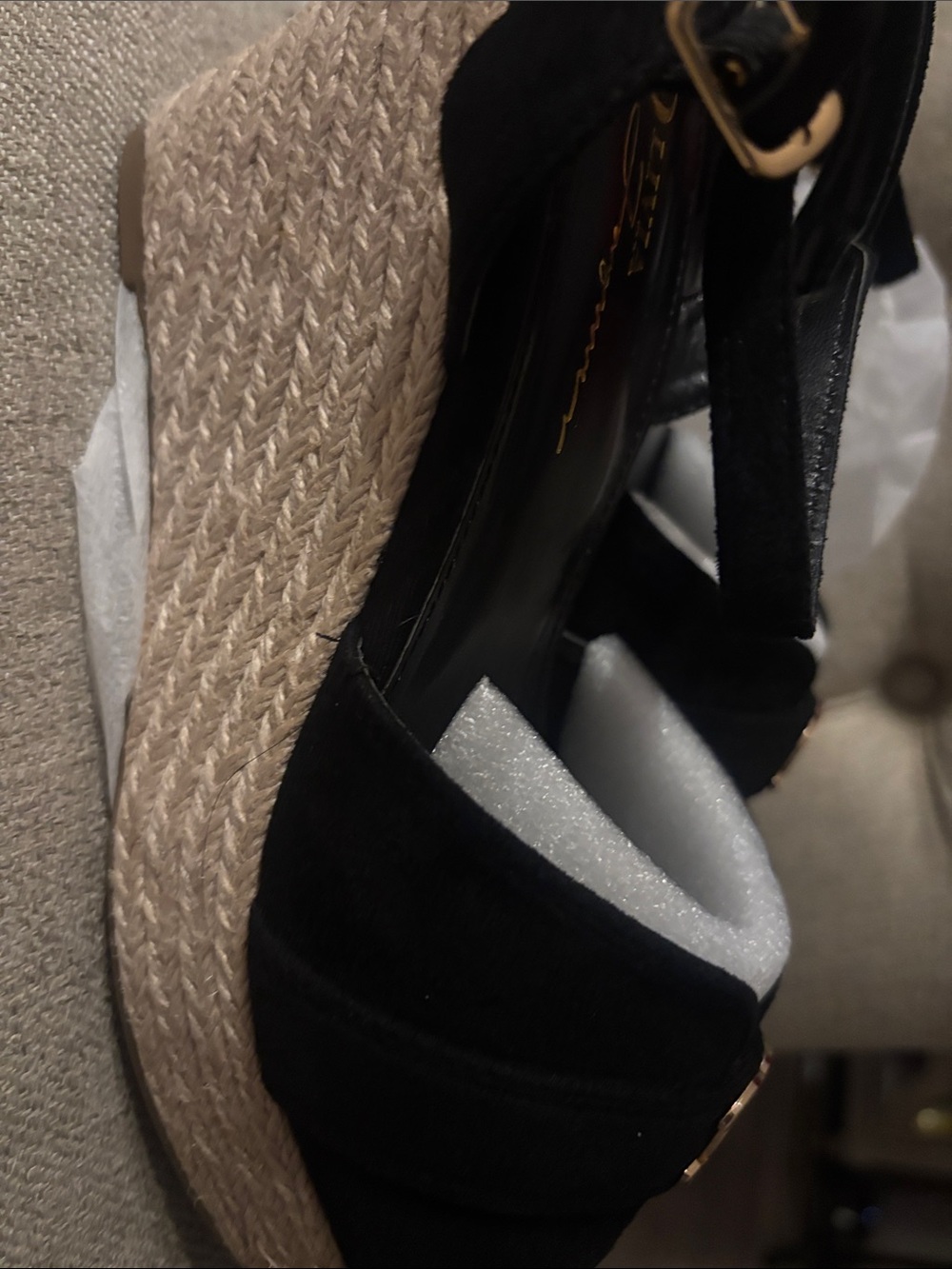 Black Suede Espadrille Wedge Sandals with Gold Logo Accent - Picture 4 of 4